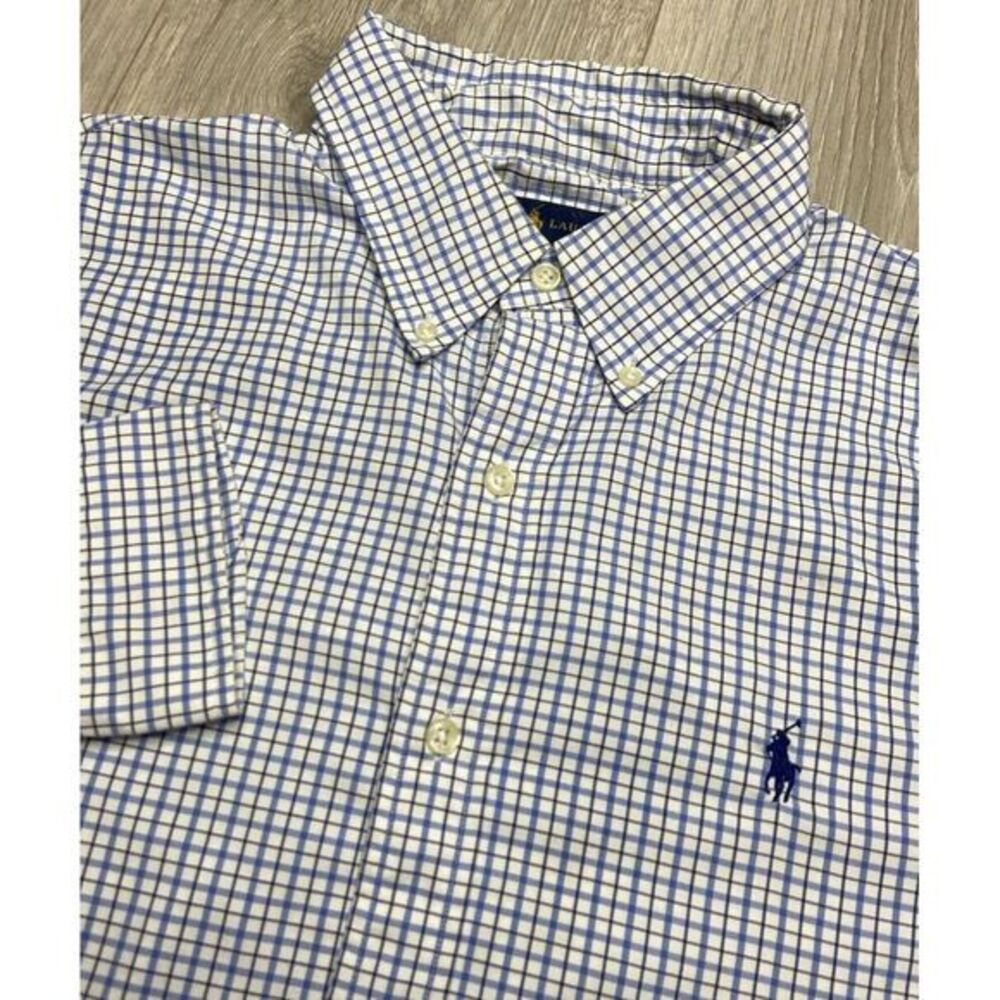 Polo Ralph Lauren Shirt Men Medium Blue Gingham Check Performance Nylon‎ Stretch